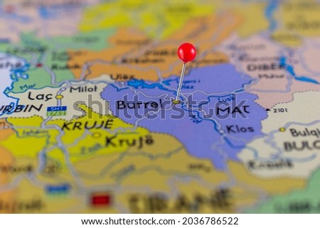 Burrel pinned on a map of Albania.