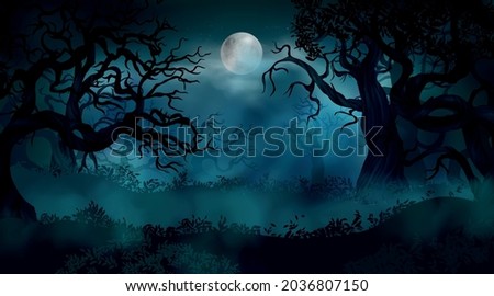 Realistic halloween background with creepy landscape of night sky fantasy forest in moonlight vector illustration Royalty-Free Stock Photo #2036807150