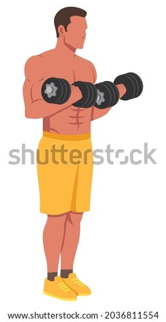 Flat design illustration with male character working out with dumbbells.