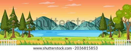 Nature park at sunset time horizontal scene illustration