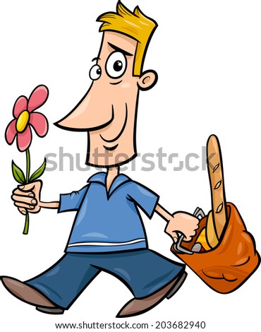 Cartoon Vector illustration of Funny Man with Flower and Shopping