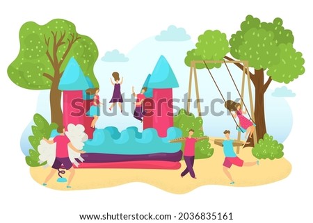 Castle bouncy outdoor with fun child, vector illustration, flat boy girl kids character play at inflatable house, jumping in park.