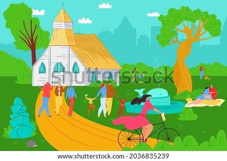 People lifestyle in park, vector illustration, flat young man woman character walk outdoor, summer nature with church building design.