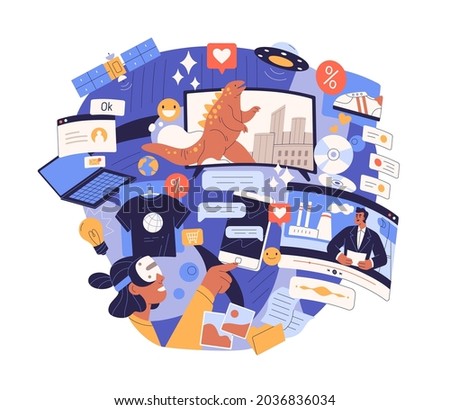 Information overload and excess concept. Surfing internet with lot of info chaos, flow of digital trash and online data flood in social media. Flat vector illustration isolated on white background Royalty-Free Stock Photo #2036836034