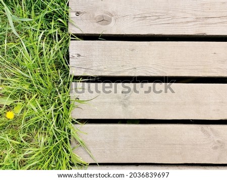 old wooden walkway overgrown with grass and flowers can be used as a beautiful background or screensaver