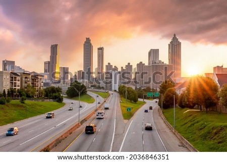 Downtown Atlanta center area skyline cityscape of  USA at twilight