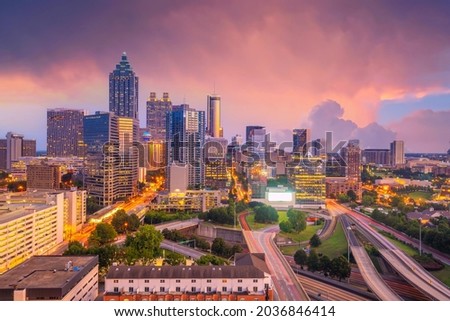 Downtown Atlanta city area skyline cityscape of  USA at sunset