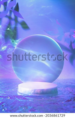 Abstract surreal scene - empty stage with cylinder podium, circle and leaves shapes on holographic neon background. Pedestal for cosmetic, beauty product, packaging mockups display presentation