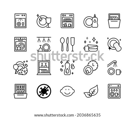 Dishwasher flat line icons set. Household appliance for washing utensil, dishware, clean dishes. Simple flat vector illustration for clinic, web site or mobile app. Royalty-Free Stock Photo #2036865635