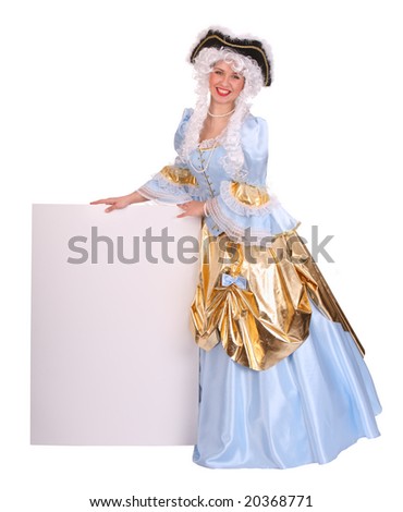 Woman in costume marquise and wig with empty card