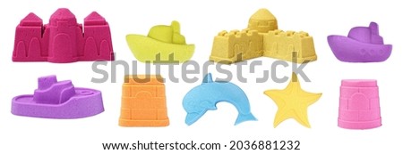 Set with different figures made of colorful kinetic sand on white background. Banner design  Royalty-Free Stock Photo #2036881232