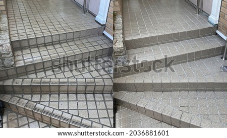 Before and after, cleaning an old dirty tile staircase Royalty-Free Stock Photo #2036881601