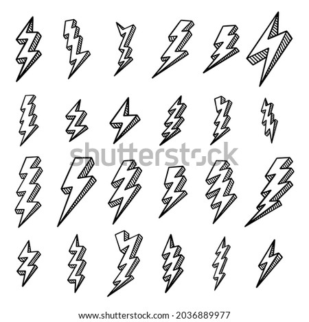 A set of electric lightning bolts. Elements for a thunderstorm. Objects for comics. Doodle hand draw style. Isolated illustration on a white background.