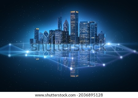 Abstract polygonal city with reflections on blue background. Technology and social innovation concept