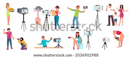 Big set with different bloggers making internet content. Male and female vloggers creating video for blog or vlog review Isolated on white. Flat Art Vector Illustration
