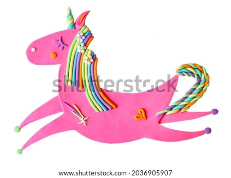 Cute clay cartoon plasticine pony unicorn 3d effect isolated on white bakcground. Fantastic character with rainbow, falling star.