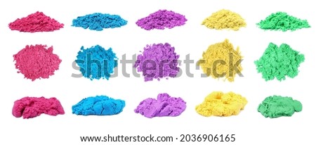Set with piles of colorful kinetic sand on white background. Banner design Royalty-Free Stock Photo #2036906165