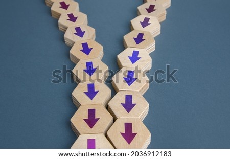 Arrow chains reunited into one. Integration acquisition. Consolidation, cooperation, organization. Merge. Pooling efforts, concentration resources. Synchronization of processes in business production. Royalty-Free Stock Photo #2036912183