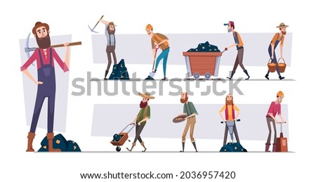 Golden miners. Digger characters find minerals and gold working in tunnels digging exact vector illustrations in cartoon style Royalty-Free Stock Photo #2036957420