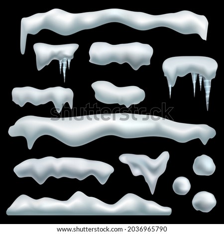 Ice cap. Snow caps with shadow, snowdrifts, snowballs and icicles, frozen roof effect. Winter season christmas and new year realistic 3d isolated on black background decor vector set Royalty-Free Stock Photo #2036965790