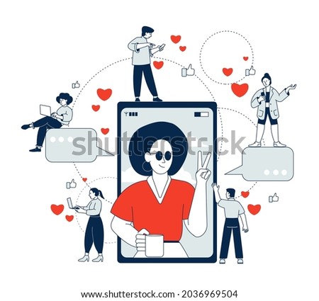 Influencer marketing. Social influences, women popular in media. Digital person in smartphone and audience. Internet blogger recent vector scene Royalty-Free Stock Photo #2036969504