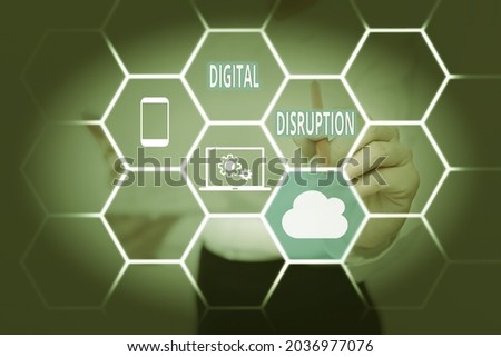 Text caption presenting Digital Disruption. Internet Concept transformation caused by emerging digital technologies Lady In Uniform Standing Holding Tablet Typing Futuristic Technologies.