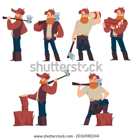 Set of cartoon lumberjack male characters holding an axes and wood logs. Loggers or woodcutters collection, flat vector illustration isolated on white background. Royalty-Free Stock Photo #2036980244