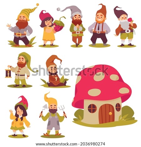 Garden fairy gnome cartoon characters set of funny breaded tiny men, flat vector illustration isolated on white background. Fairy tale folklore gnomes or dwarfs. Royalty-Free Stock Photo #2036980274