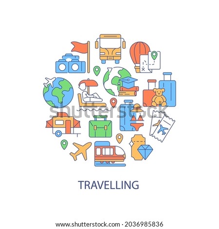 Travel abstract color concept layout with headline. World cruise. Journey for recreation. Flight for tourists. Tourism creative idea. Isolated vector filled contour icons for web background