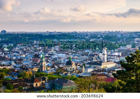 Lviv old city. Evening view from High Castle