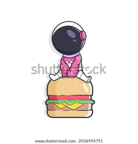 Astronaut chibi cute sitting on the burger Vector Icon Illustration. Flat Cartoon Style Suitable for food mascot. Chibi icon Concept Isolated.