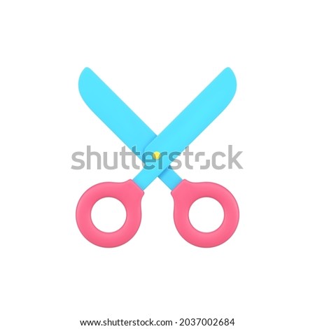 Stationery scissors 3d icon. Sharp tool with red handles for cutting paper and fabric. Classic equipment for hairdressers and barbershops. Essential accessory for stitching. Realistic vector isolated
