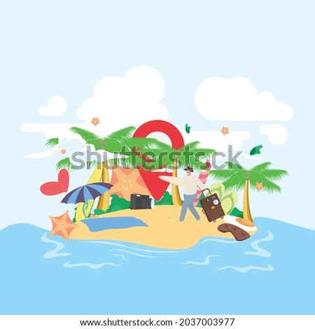 Vector illustration of flat sea beach style summer background. Sunny day. Balls, beach umbrellas and other holiday equipment on the sand beach. Summer vacation concept
