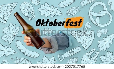 Oktoberfest banner. Flat template illustration for German beer festival in Munich. Hand drawnings picture of beer snacks pretzel, grill sausage , pizza and photo of male hand with beer bottle