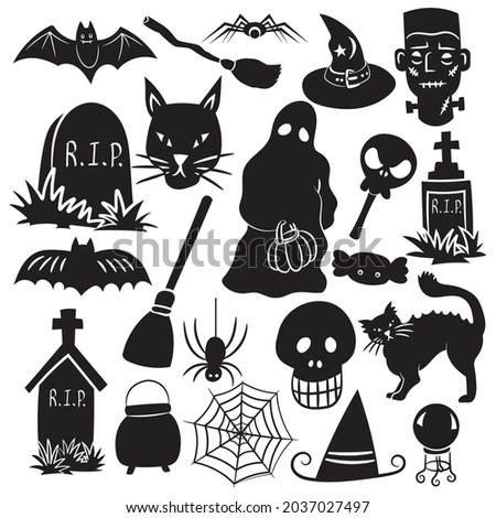 Set of elements for Halloween. A collection of black silhouettes of mystical creatures. Vector illustration of monsters and witches, Vector Illustration.
