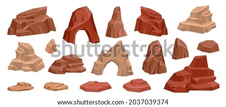 Desert rock cartoon vector set, stone canyon landscape illustration, red Mexico arch boulder dry cliff. Game nature environment design element, brown drought cracked mountain. Western land desert rock Royalty-Free Stock Photo #2037039374