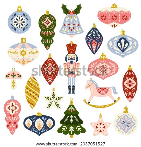 Vector Christmas Ornaments Illustration Set in a Folk Art Style Isolated on a White Background