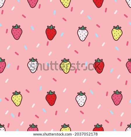 strawberry cartoons pattern design. sweet pink background. The seamless cute vibrant pattern in a girl or baby fashion, Fresh and juicy colorful strawberry fruit in summer. Vector design for fashion.