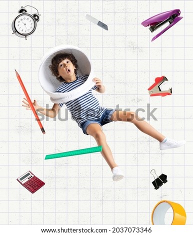 Astronomy lesson online. Contemporary art collage of little boy pupil flying like astronaut surrounded by study stationary. Alarm, books, pens, calculator. Concept of online study, education, ad