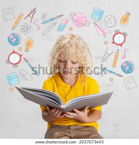 Little school boy reading. Back to school time. Contemporary art collage pupil surrounded by study supplies. Drawing lesson equipments on background. School subjects. Concept of online education, ad