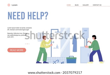 Home appliances and plumbing repair service website banner design, flat vector illustration. Home supplies repair shop landing page template with cartoon characters.