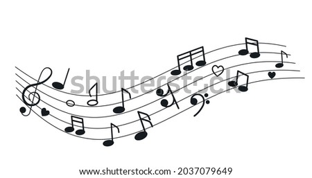 musical notes, treble clef, heart on the background of the stave. the concept of love for music and art. vector illustration isolated on white background Royalty-Free Stock Photo #2037079649