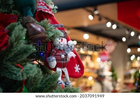 Christmas tree with decoration, detail Christmas tree in garden copy space
