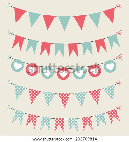 Cute bunting set baby pastel red and green for scrapbook with hearts and polka dots. Vector illustration Royalty-Free Stock Photo #203709814