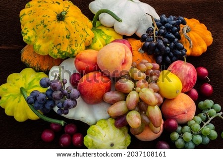 Cornucopia spring harvest of vegetables and fruits, still life, flat lay Royalty-Free Stock Photo #2037108161