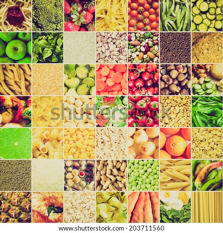 Vintage retro looking Food collage including 49 pictures of vegetables, fruit, pasta and more