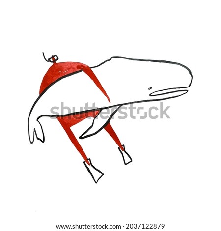 Hand paint watercolor stick figure illustration. Watercolor people. Man and whale.
