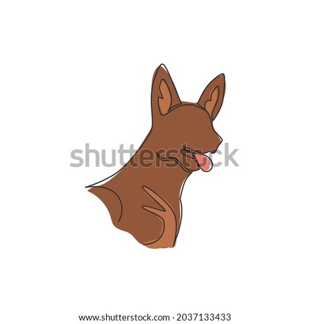 Single continuous line drawing of simple cute german shepherd puppy dog head icon. Pet animal logo emblem vector concept. Modern one line draw design graphic illustration