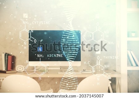 Double exposure of dna drawing and office interior background. Concept of science.