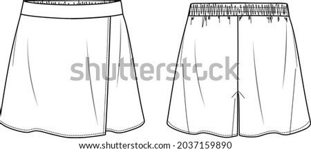 Vector mini skirt short fashion, wrapped woman skort with elasticized waistband sketch, template, flat, technical drawing. Jersey or woven fabric skirt with front, back view, white color Royalty-Free Stock Photo #2037159890